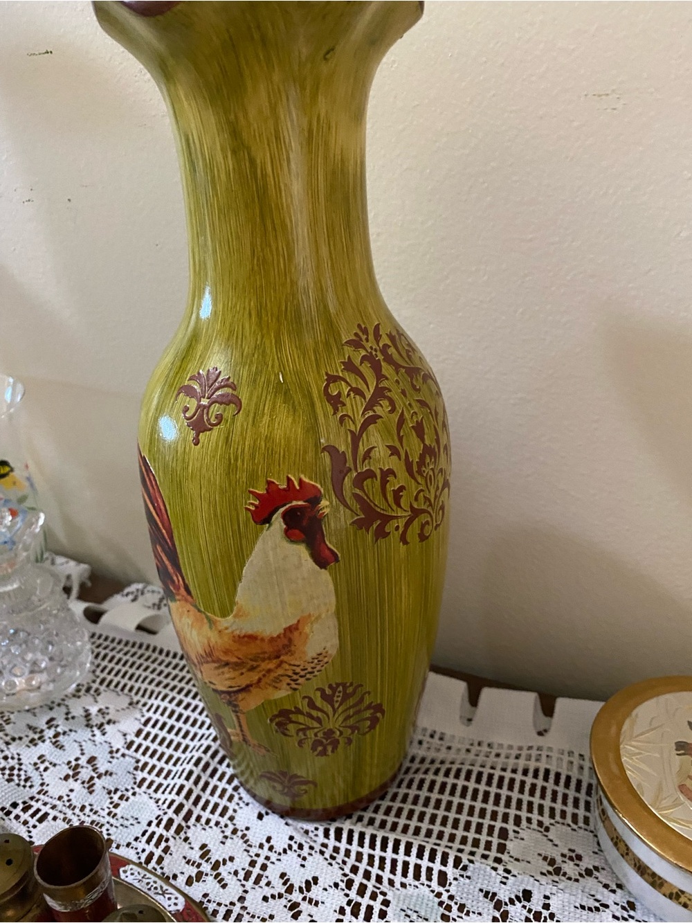 Source Unknown Green and Brown Rooster Accent Vase